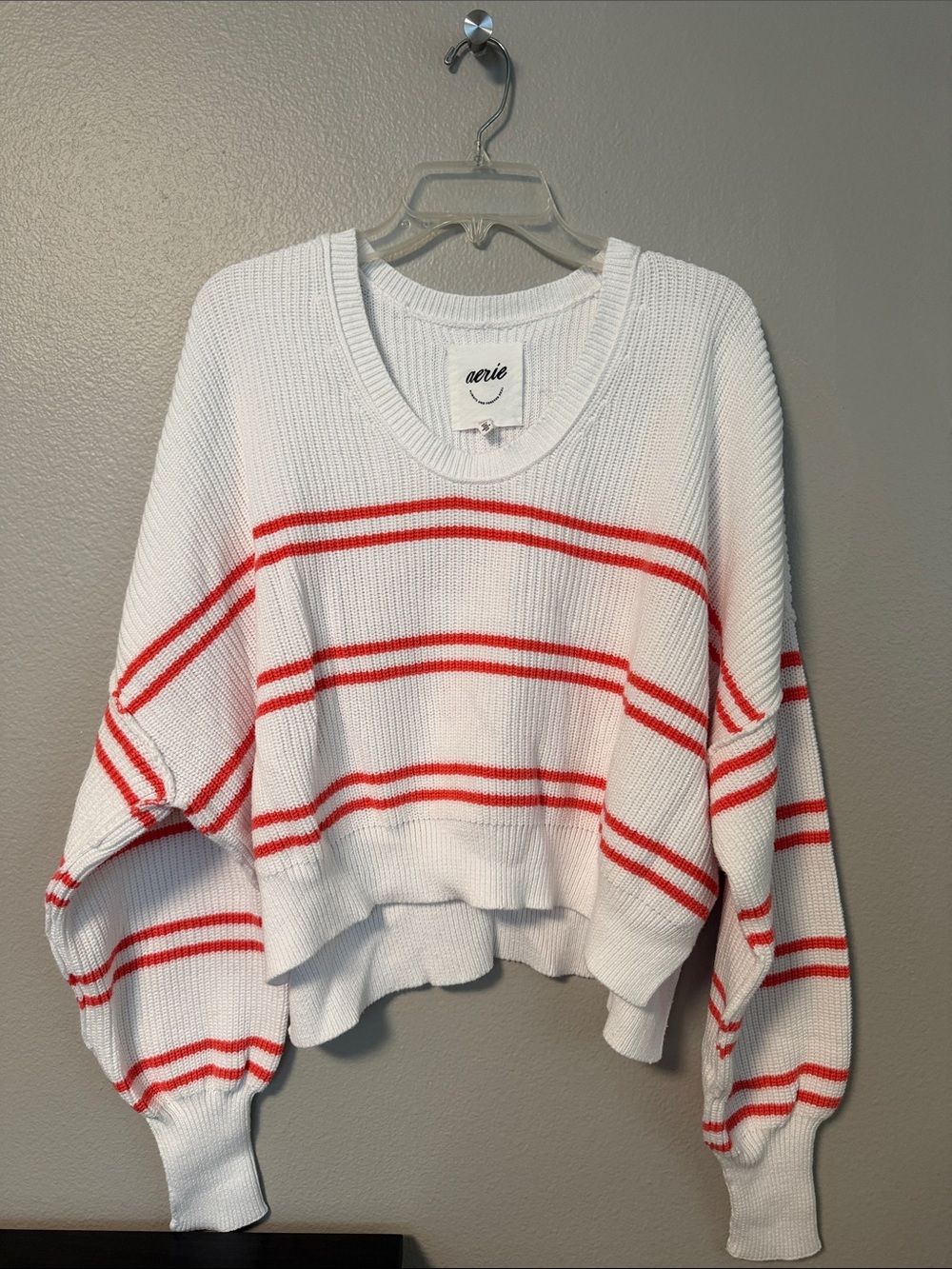 aerie White Cropped Sweater with Red Stripes
